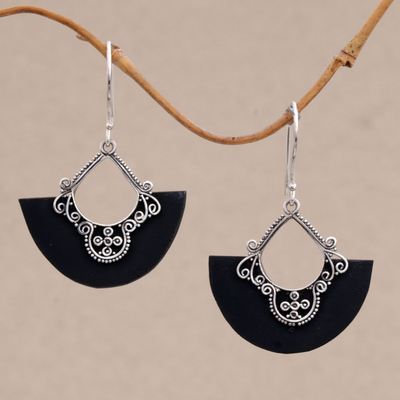 Sterling silver dangle earrings, 'Bali Fans' - Sterling Silver and Lava Stone Fan Earrings from Bali