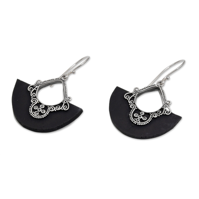 Sterling silver dangle earrings, 'Bali Fans' - Sterling Silver and Lava Stone Fan Earrings from Bali