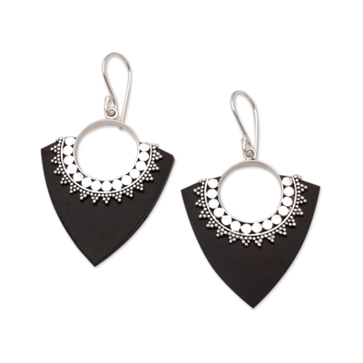 Sterling silver dangle earrings, 'Dotted Arrows' - Sterling Silver and Lava Stone Pointed Earrings from Bali