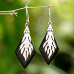 Wood and sterling silver dangle earrings, 'Diamond Flame' - Sterling Silver and Sono Wood Diamond Shaped Earrings