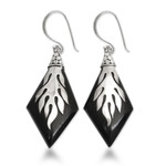 Wood and sterling silver dangle earrings, 'Diamond Flame' - Sterling Silver and Sono Wood Diamond Shaped Earrings