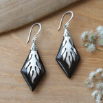 Wood and sterling silver dangle earrings, 'Diamond Flame' - Sterling Silver and Sono Wood Diamond Shaped Earrings