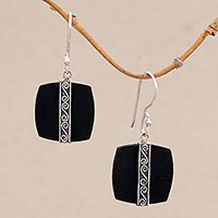 Sterling silver dangle earrings, 'Temple Bands' - Sterling Silver and Lava Stone Spiral Motif Dangle Earrings