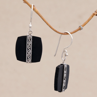 Sterling silver dangle earrings, 'Temple Bands' - Sterling Silver and Lava Stone Spiral Motif Dangle Earrings
