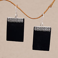 Lava stone dangle earrings, 'Dotted Walls' - Sterling Silver and Lava Stone Rectangular Earrings