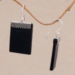 Lava stone dangle earrings, 'Dotted Walls' - Sterling Silver and Lava Stone Rectangular Earrings