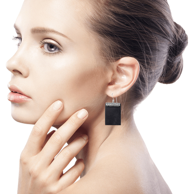 Lava stone dangle earrings, 'Dotted Walls' - Sterling Silver and Lava Stone Rectangular Earrings