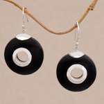 Lava stone dangle earrings, 'Wheels of Change' - Sterling Silver and Lava Stone Circle Earrings from Bali