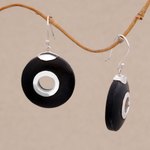 Lava stone dangle earrings, 'Wheels of Change' - Sterling Silver and Lava Stone Circle Earrings from Bali