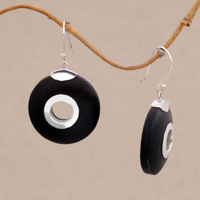 Lava stone dangle earrings, 'Wheels of Change' - Sterling Silver and Lava Stone Circle Earrings from Bali