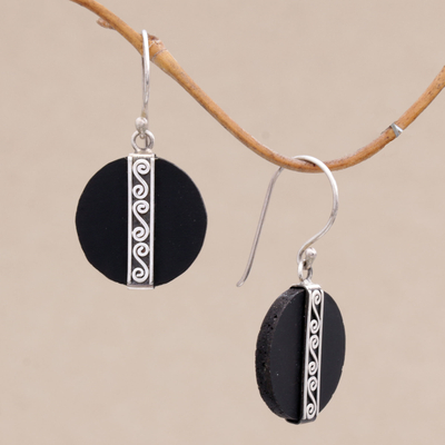 Lava stone dangle earrings, 'Gerhana Majesty' - Sterling Silver and Lava Stone Spiral Motif Dangle Earrings