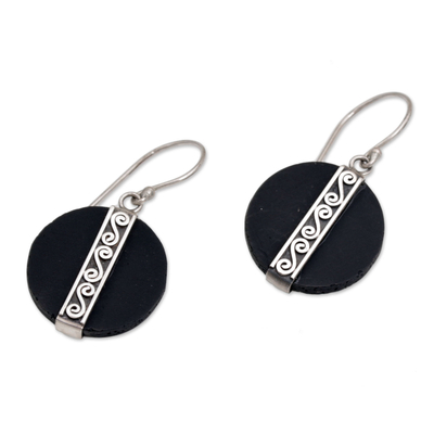 Lava stone dangle earrings, 'Gerhana Majesty' - Sterling Silver and Lava Stone Spiral Motif Dangle Earrings