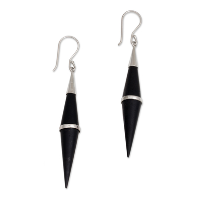 Sterling silver accent dangle earrings, 'Elegant Cones' - Sterling Silver and Sono Wood Cone-Shaped Dangle Earrings