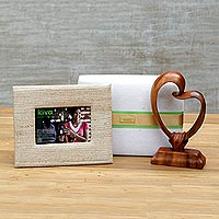 Handcrafted photo frame and wood sculpture, 'Kiva heartfelt gift set'  - Artisan handcrafted heart sculpture gift set from Bali