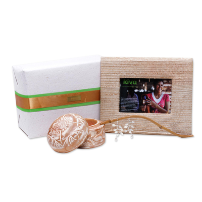 Photo frame, mahogany jewelry box and cultured pearl earrings, 'Kiva Leaves of Change' (3 piece set) - Bali artisan handcrafted earrings and jewelry set gift set