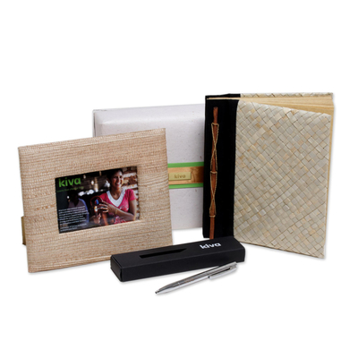 Handcrafted journal, pen and photo frame, 'Kiva thinker gift set' (3 pieces) - Bali artisan handcrafted journal gift set for the writer