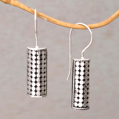Sterling silver drop earrings, 'Dotted Pillars' - Sterling Silver Circle Motif Drop Earrings from Bali