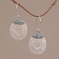 Sterling silver dangle earrings, 'Twin Roses' - Sterling Silver and Bone Floral Dangle Earrings from Bali