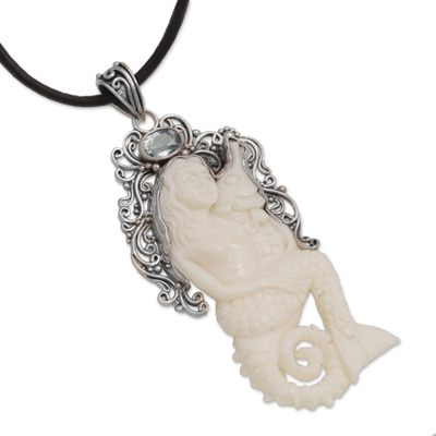 Blue topaz pendant necklace, 'Seahorse Mother' - Blue Topaz Bone and 925 Silver Mermaid Pendant Necklace