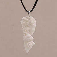 Bone pendant necklace, 'Nature's Prince' - Bone Pendant Necklace with Eagle and Wolf from Bali