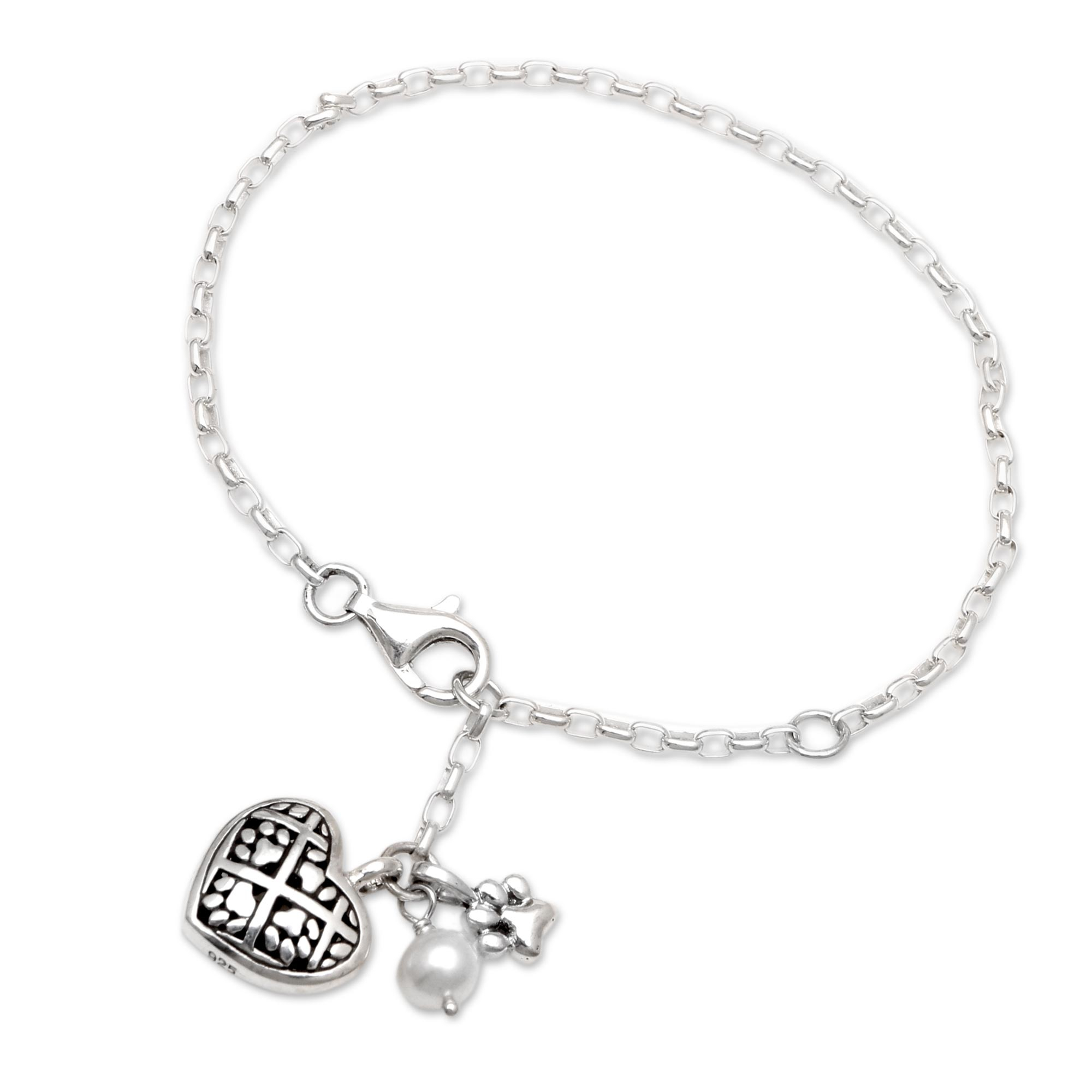 Cultured Pearl Paw Print Charm Bracelet from Bali - Heart Full of Paws ...