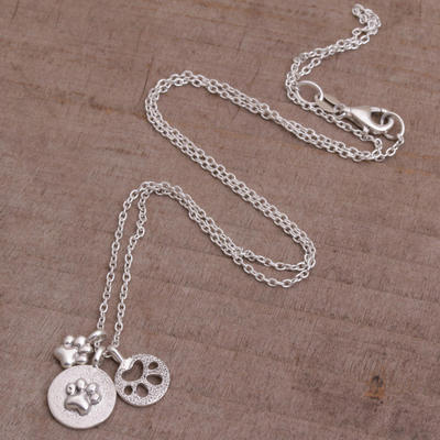 Sterling Silver Paw Print Pendant Necklace from Bali - Paw Trio | NOVICA