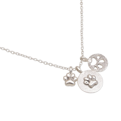 Sterling silver pendant necklace, 'Paw Trio' - Sterling Silver Paw Print Pendant Necklace from Bali
