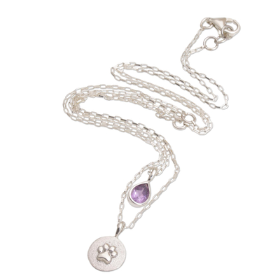 Amethyst pendant necklace, 'Purple Paw' - Amethyst and Sterling Silver Paw Print Necklace from Bali