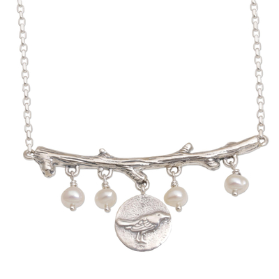Cultured pearl pendant necklace, 'Morning Chirp' - Cultured Pearl and Sterling Silver Bird Necklace from Bali