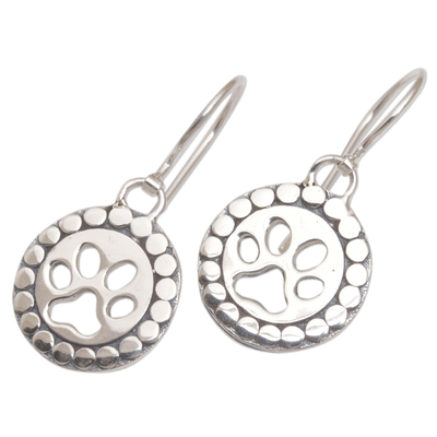 Sterling silver dangle earrings, 'Paw Circles' - Sterling Silver Paw Print Dangle Earrings from Bali