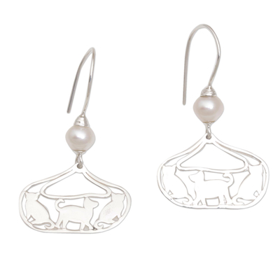 Cultured Pearl and Sterling Silver Cat Earrings from Bali