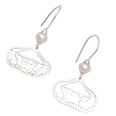 Cultured pearl dangle earrings, 'Cat Parade' - Cultured Pearl and Sterling Silver Cat Earrings from Bali