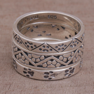 Anillos de apilamiento de plata esterlina, (juego de 3) - Juego de tres anillos de plata de ley 925 con estampado de zarpa de Bali