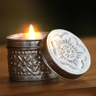 Embossed Aluminum Holder With Handcrafted Candle Burning Passion Novica