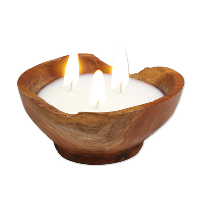 Teak wood candle and holder, 'Flame Shrine' - Teak Wood Bowl Beeswax and Palm Wax Candle from Bali