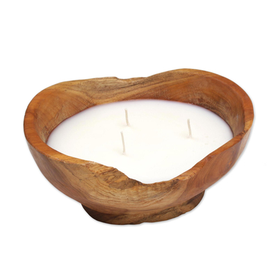 Teak wood candle and holder, 'Flame Shrine' - Teak Wood Bowl Beeswax and Palm Wax Candle from Bali