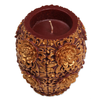 Kerze, (4,5 Zoll) - Goldfarbene florale Vasenkerze aus Bali (4,5 Zoll)