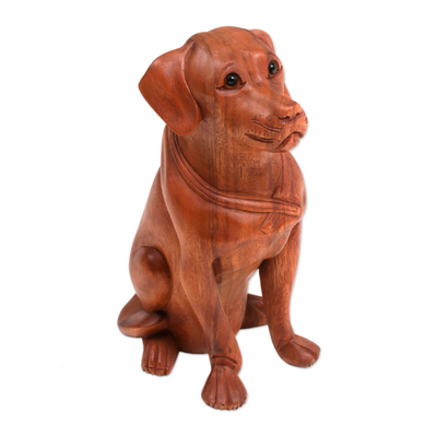 Hand-Carved Suar Wood and Onyx Dog Sculpture from Bali