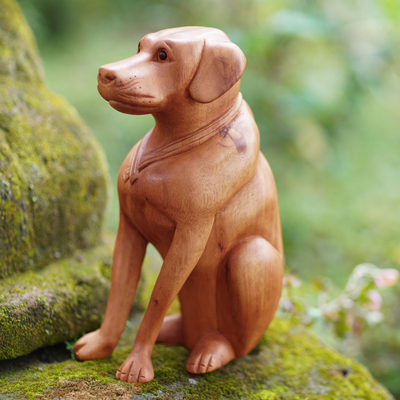 Wood sculpture, 'Begging Dog' - Hand-Carved Suar Wood and Onyx Dog Sculpture from Bali