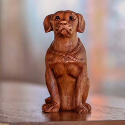 Wood sculpture, 'Begging Dog' - Hand-Carved Suar Wood and Onyx Dog Sculpture from Bali