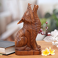 Wood sculpture, 'Howling Wolf'