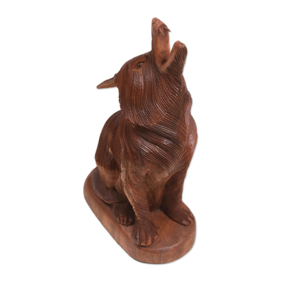 Wood sculpture, 'Howling Wolf' - Hand-Carved Suar Wood Howling Wolf Sculpture from Bali