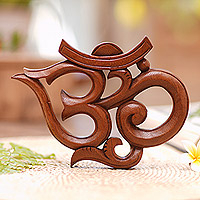 Hand Carved Wood Om Relief Panel with Vine Embellishments,'Trailing Om'