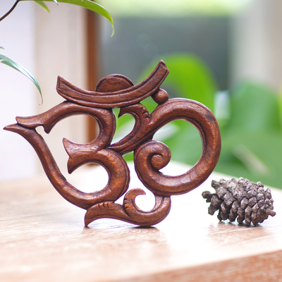 Wood relief panel, 'Trailing Om' - Hand Carved Wood Om Relief Panel with Vine Embellishments
