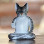 Wood sculpture, 'Nirvana Kitty' - Wood Meditating Cat Sculpture in Grey and White from Bali