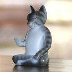Wood sculpture, 'Nirvana Kitty' - Wood Meditating Cat Sculpture in Grey and White from Bali
