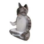 Wood sculpture, 'Nirvana Kitty' - Wood Meditating Cat Sculpture in Grey and White from Bali