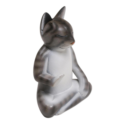 Wood sculpture, 'Nirvana Kitty' - Wood Meditating Cat Sculpture in Grey and White from Bali