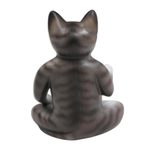 Wood sculpture, 'Nirvana Kitty' - Wood Meditating Cat Sculpture in Grey and White from Bali