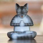 Wood sculpture, 'Meditating Kitty in Grey' - Wood Meditating Cat Sculpture in Grey and White from Bali